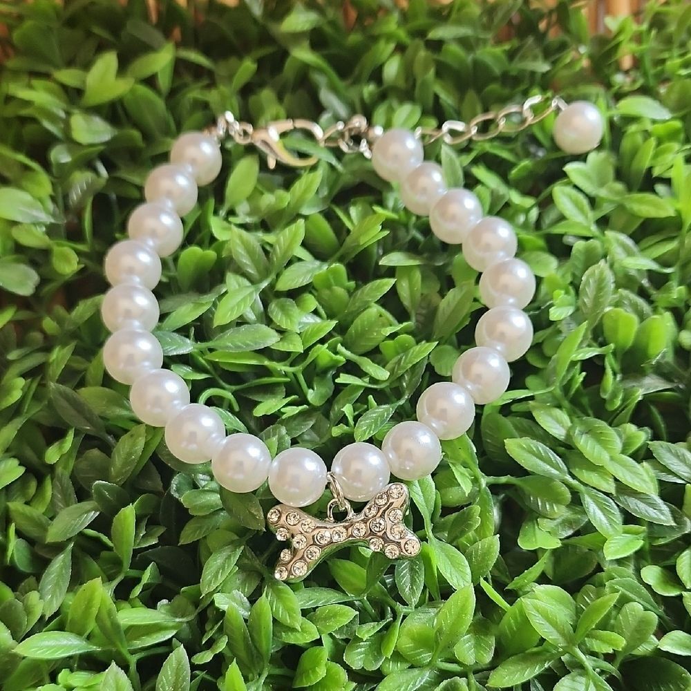 Pet Jewelry Faux Pearl & Rhinestone Encrusted Silver Tone Bone NWOT